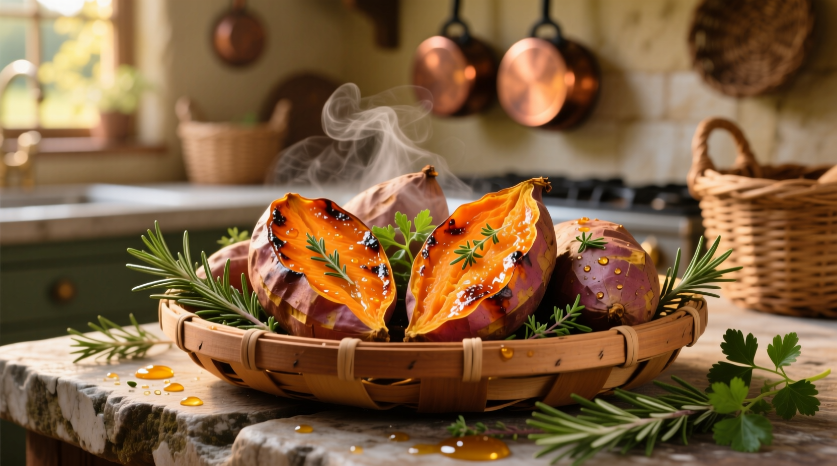 Colorful roasted sweet potatoes with herbs