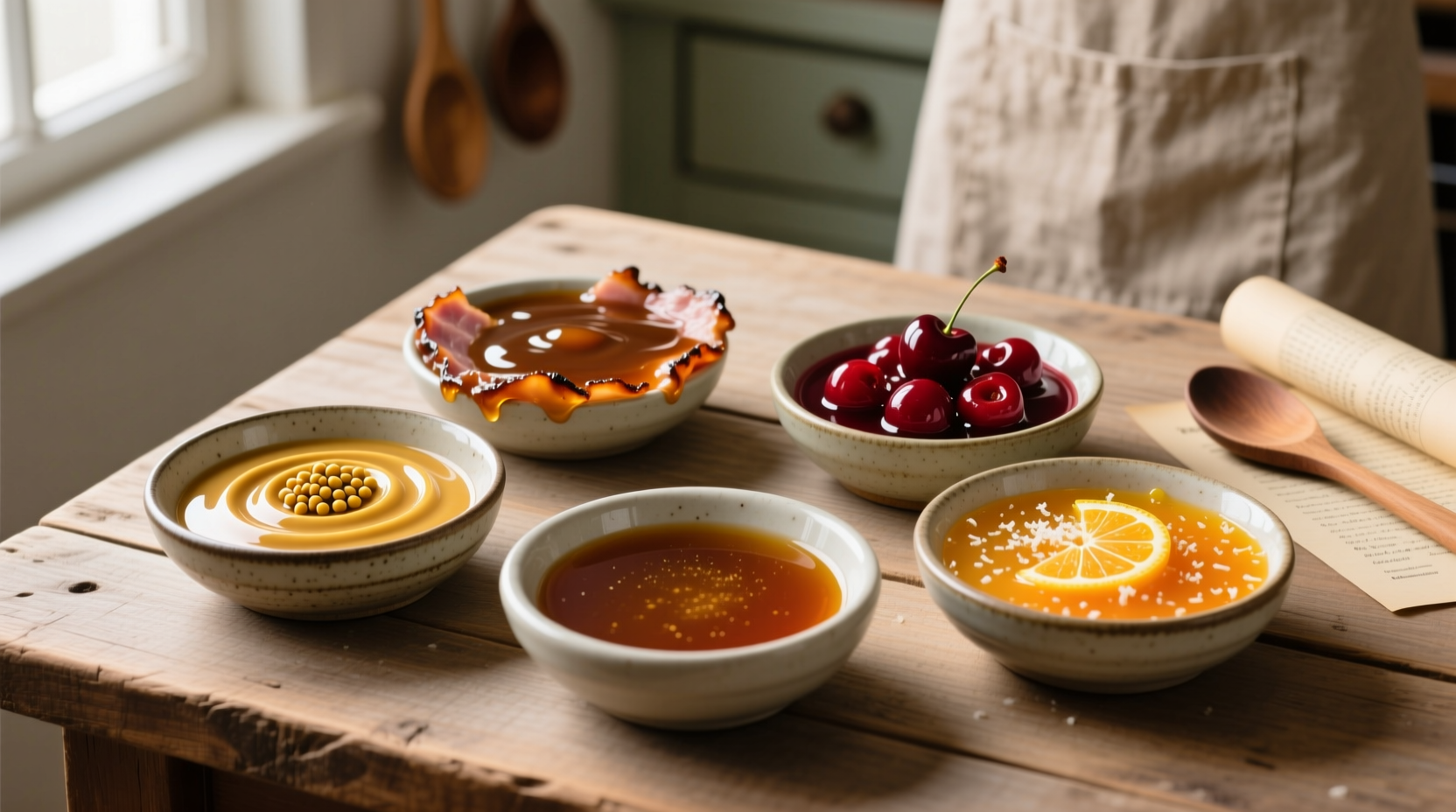 Five homemade ham glaze variations in small bowls