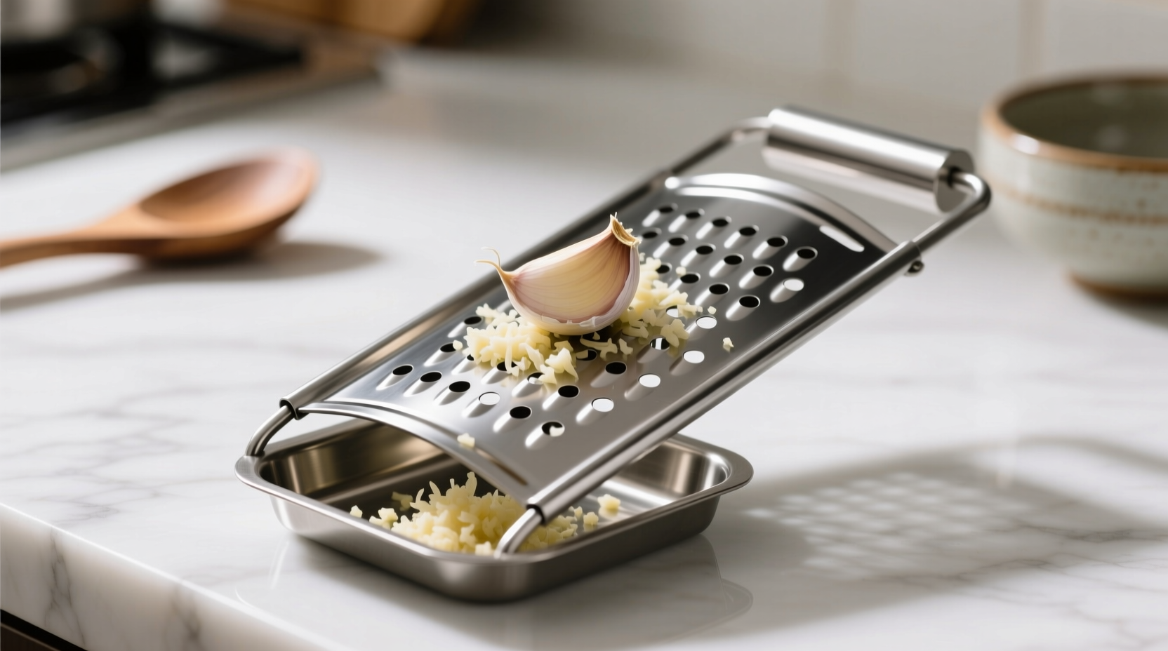Stainless steel plate garlic grater with fresh garlic