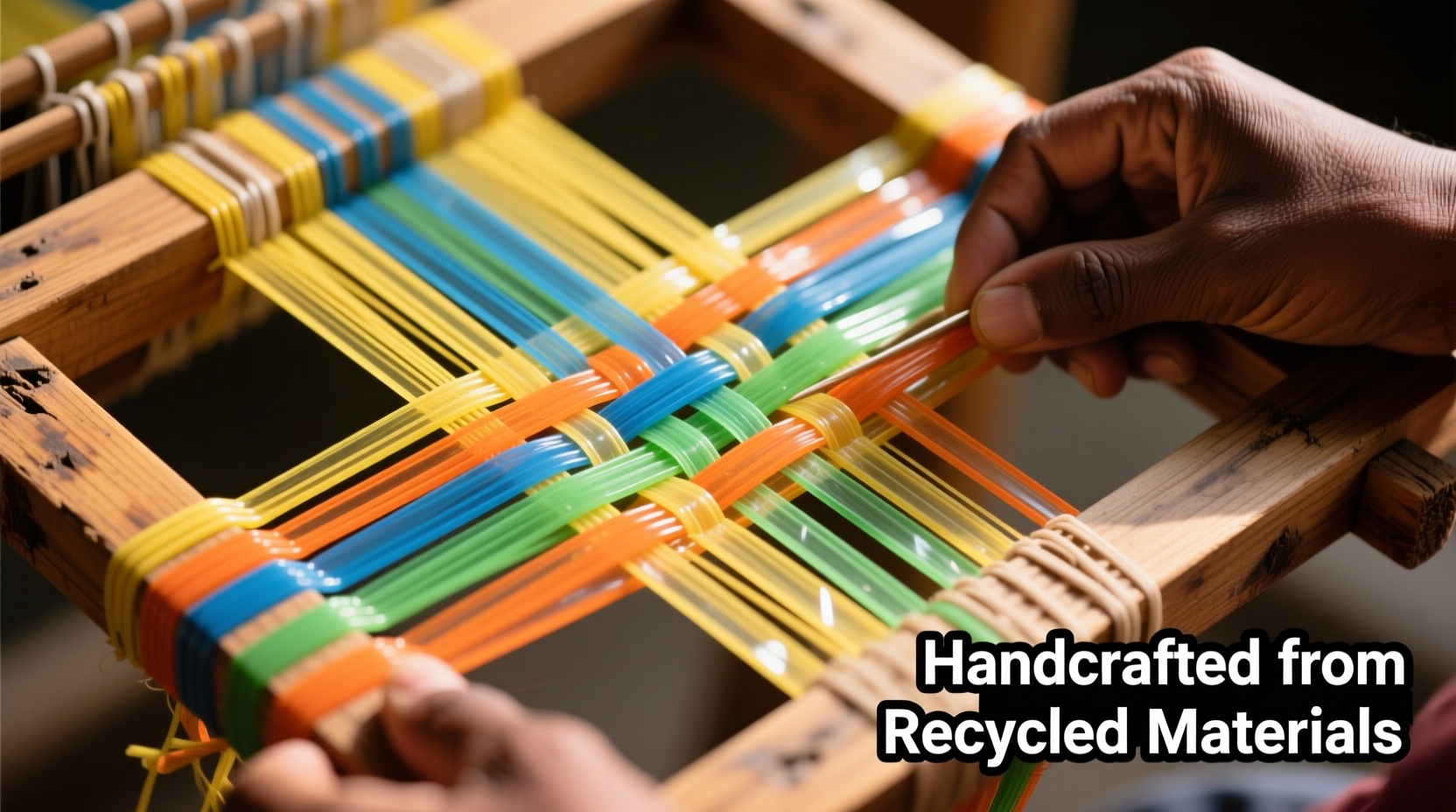 Hand weaving plastic strips into basket pattern on wooden frame