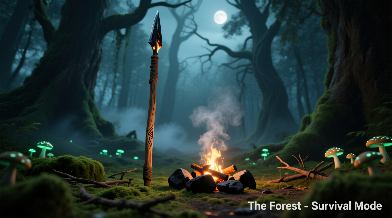 Wooden spear and fire pit setup in The Forest game