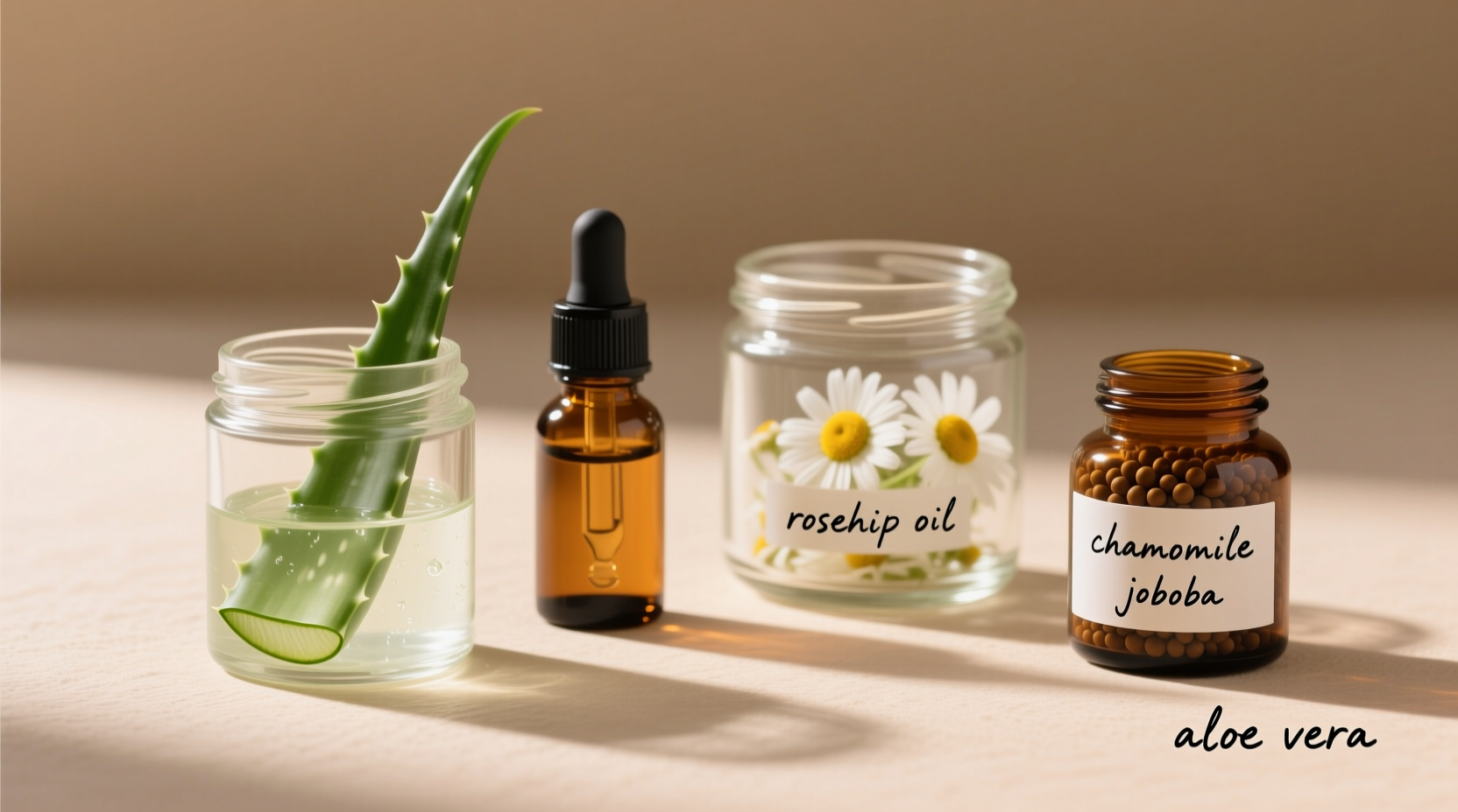 Natural skincare ingredients in glass containers