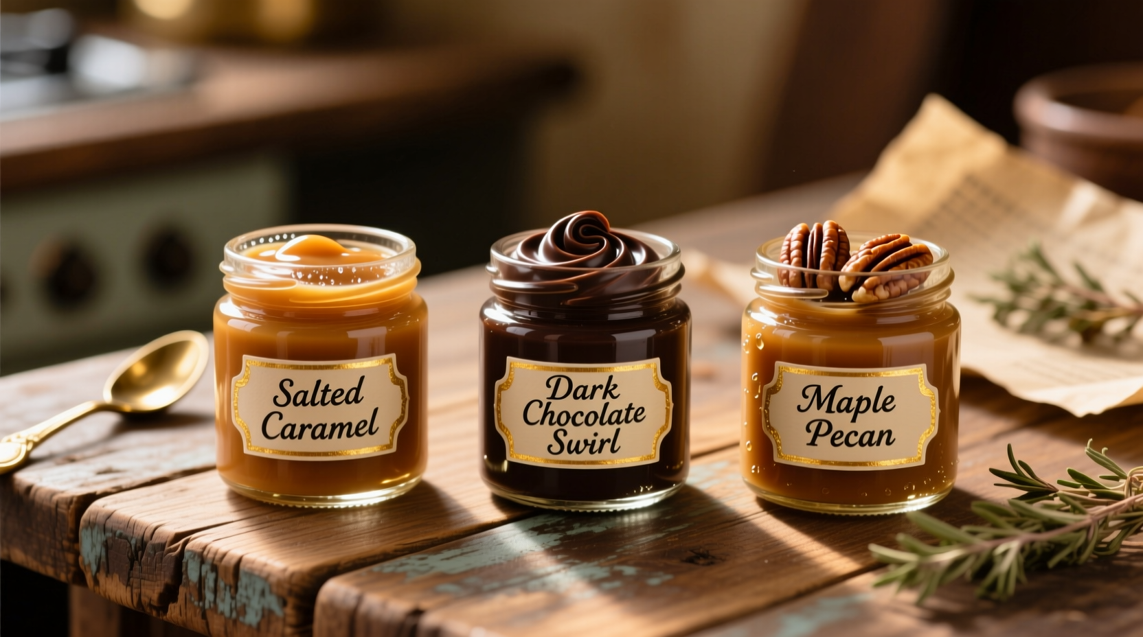 Three caramel variations in small jars with labels
