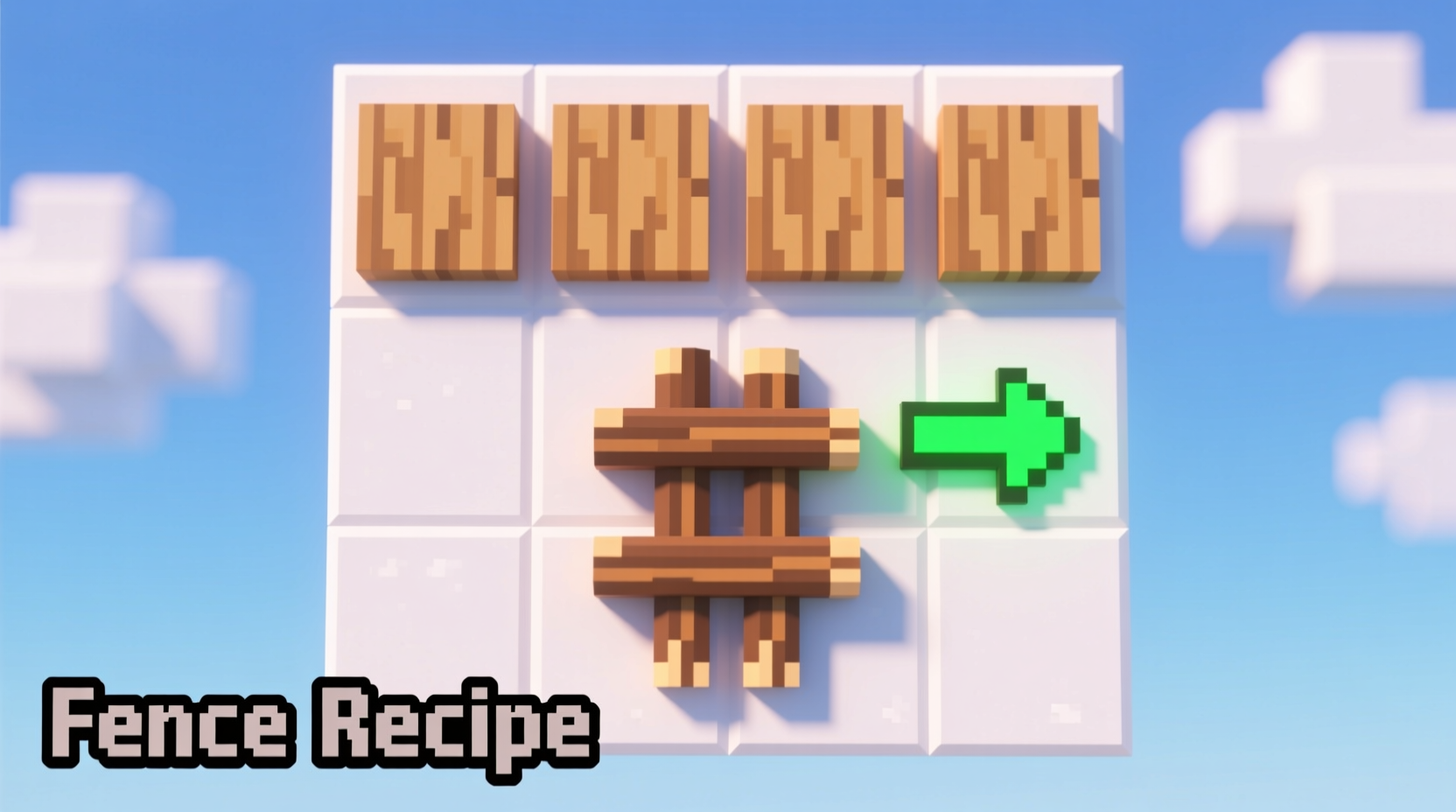 Minecraft crafting grid showing fence recipe with planks and sticks