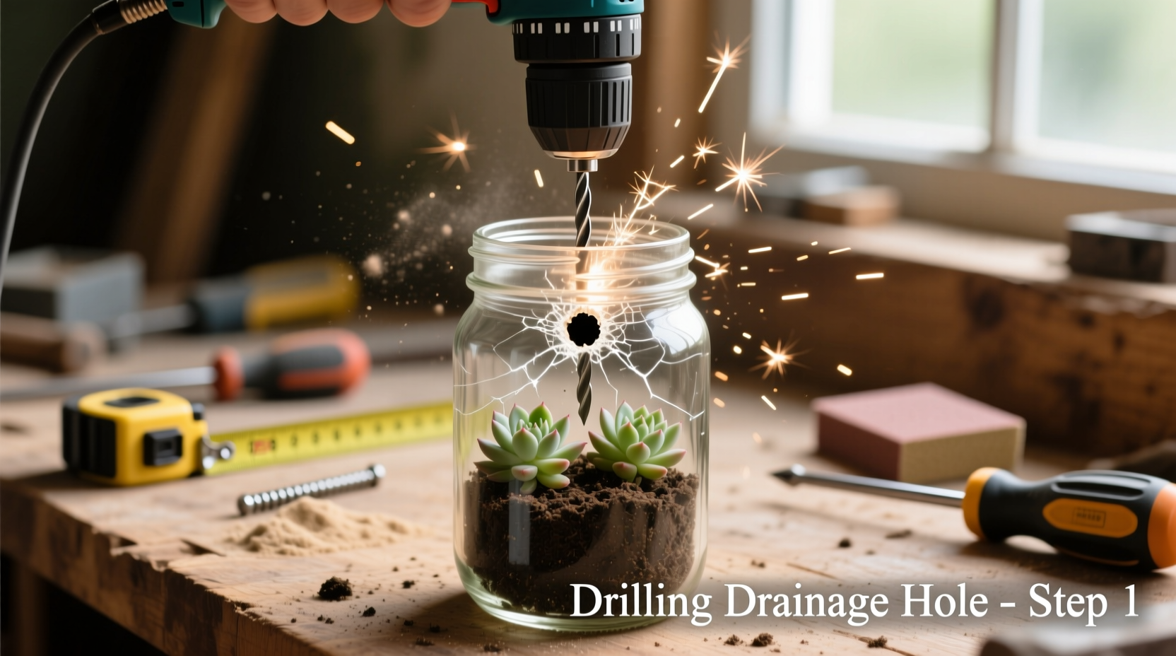 Drilling drainage hole in glass jar for hanging planter