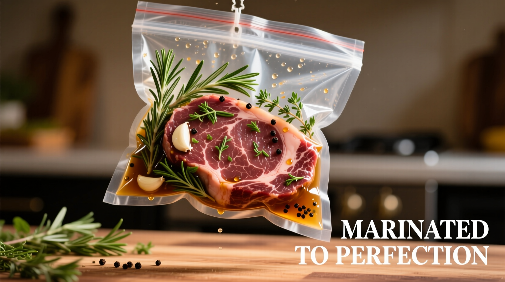 London broil steak marinating in zip-top bag with herbs