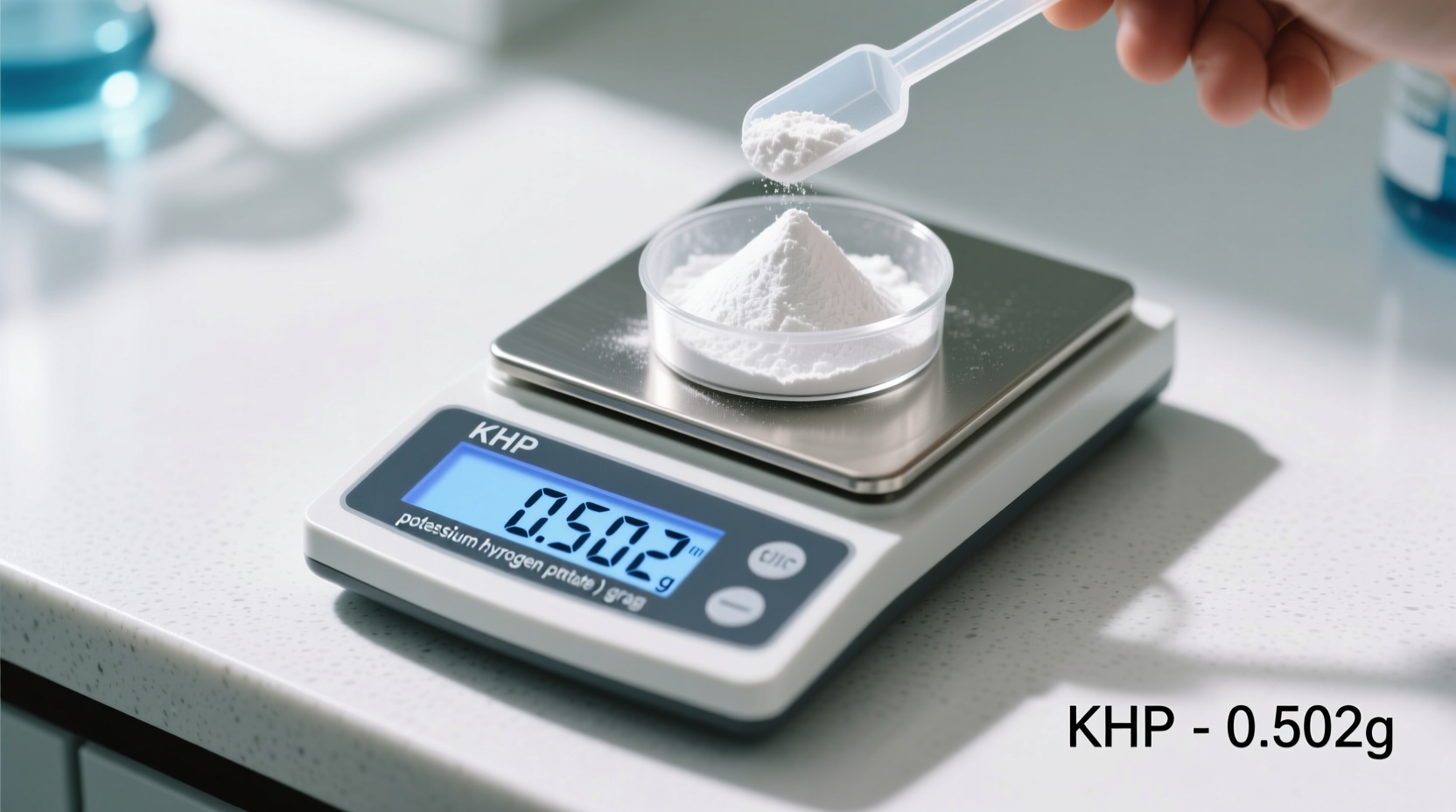 measuring KHP powder on digital scale