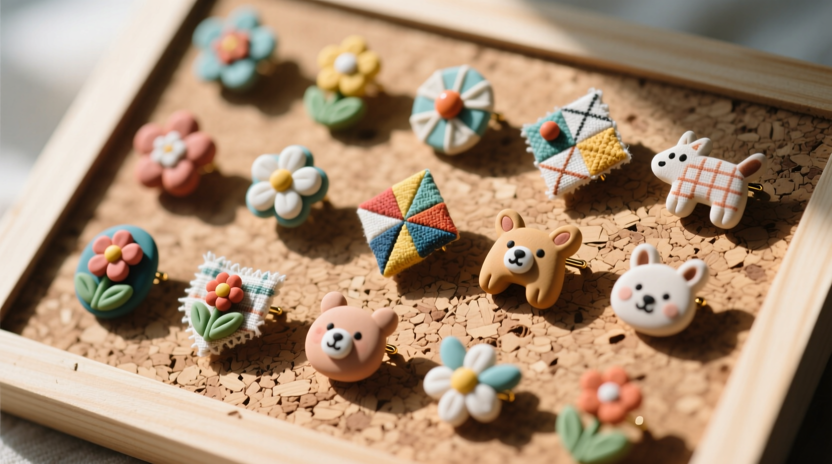 Assortment of handmade polymer clay and fabric pins on cork board