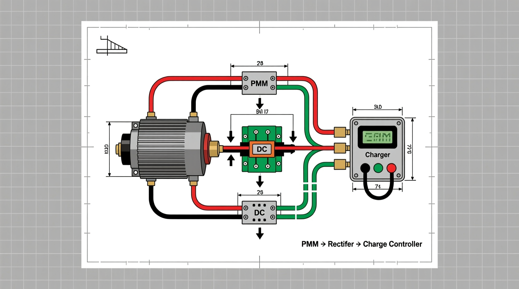 Wiring diagram for DIY wind generator showing PMM to charge controller connections