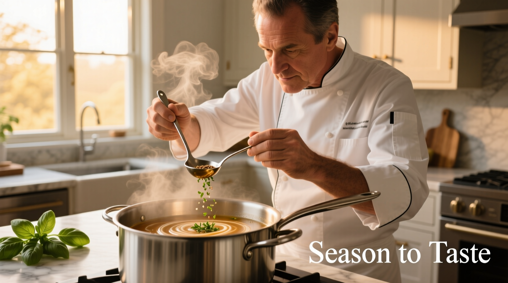 Chef adjusting seasoning in a pot with measuring spoon