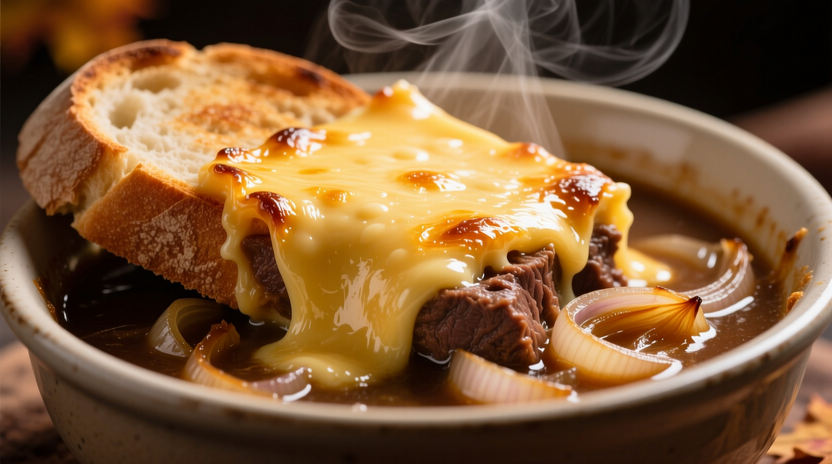 Golden melted Gruyere cheese topping French onion soup