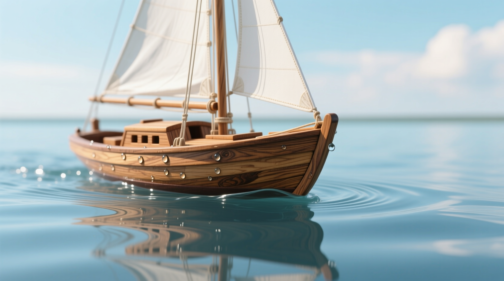 Handcrafted wooden model sailboat on blue water