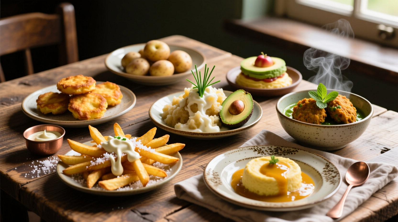 Assorted international potato dishes on wooden table