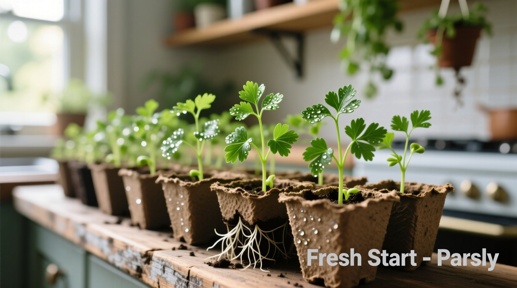 Close-up of parsley seedlings in starter pots