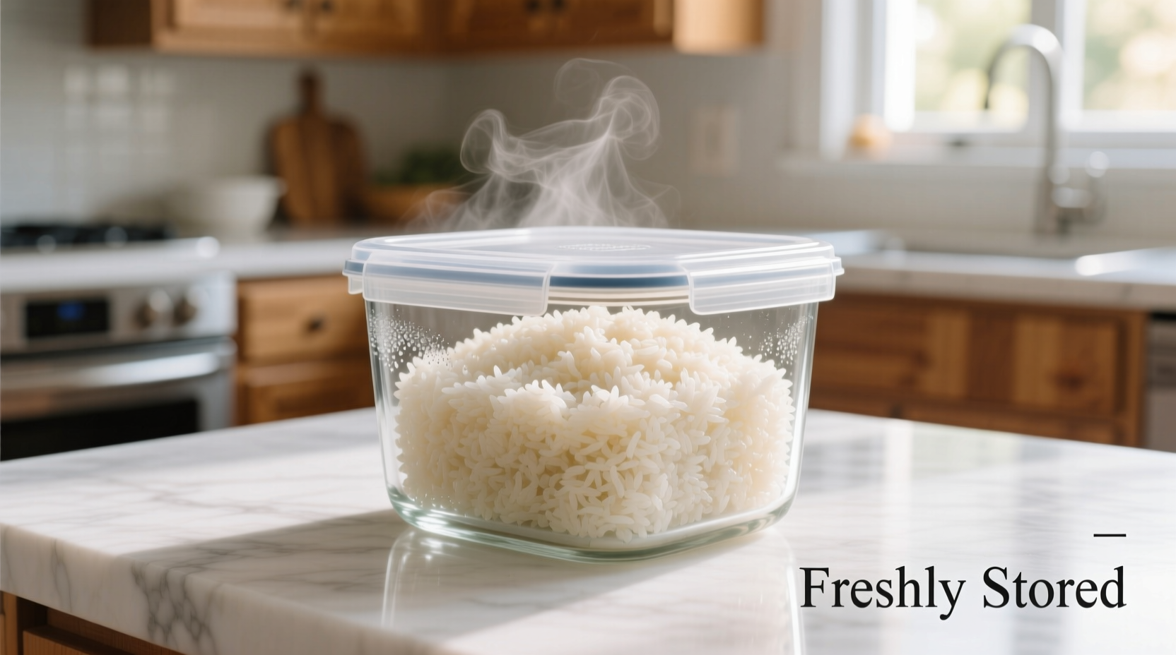 Properly stored cooked rice in glass container