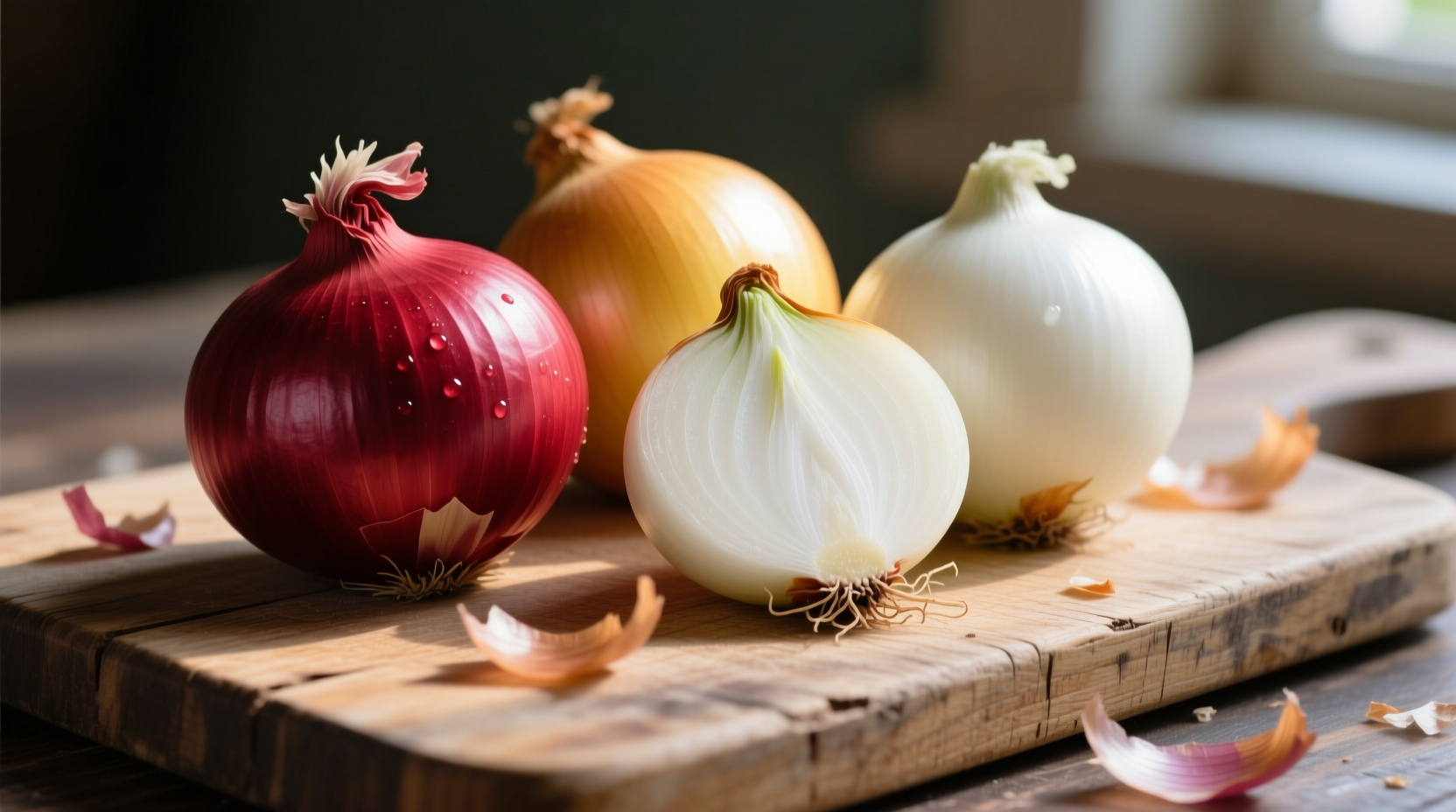 Fresh red, yellow, and white onions on wooden cutting board