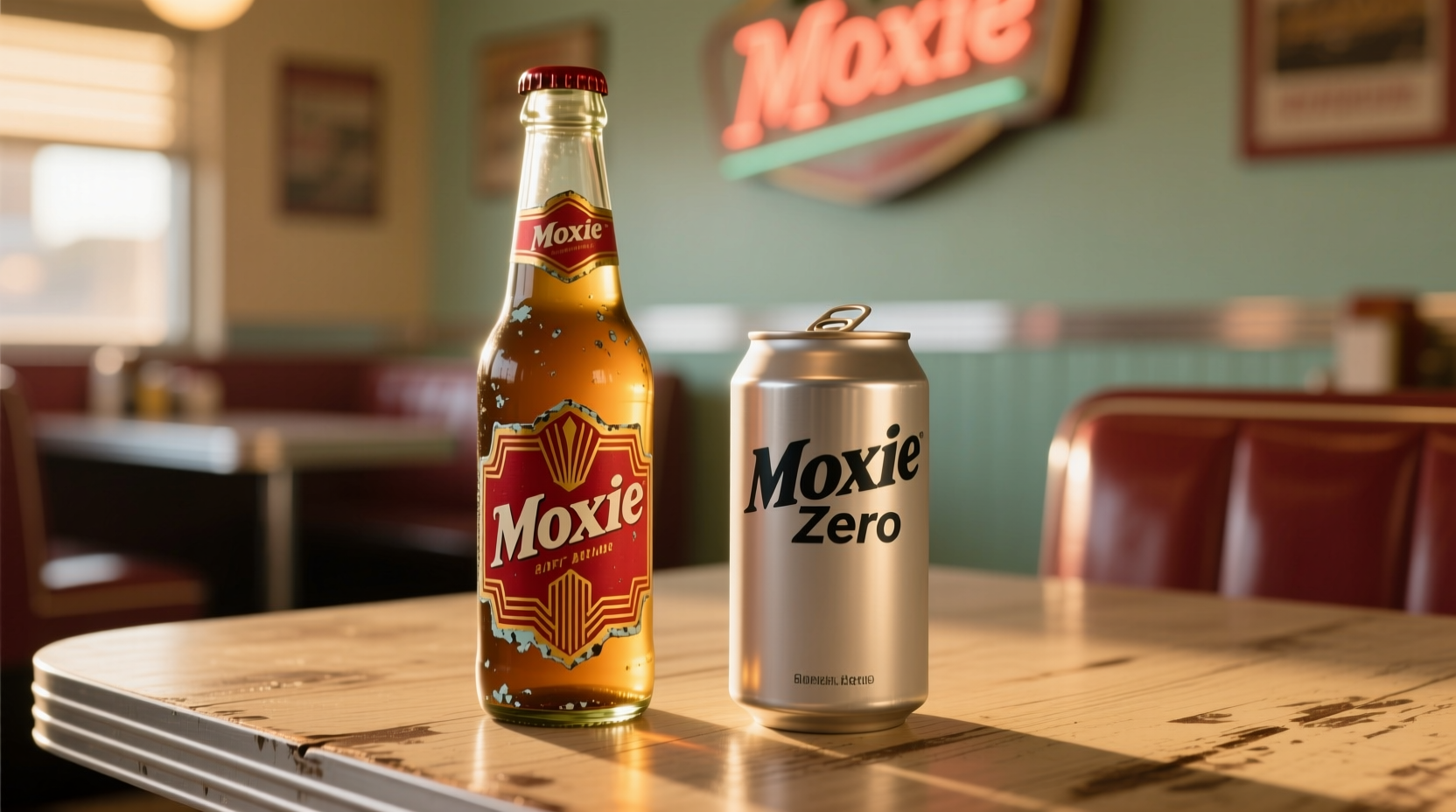 Vintage Moxie bottle next to modern can