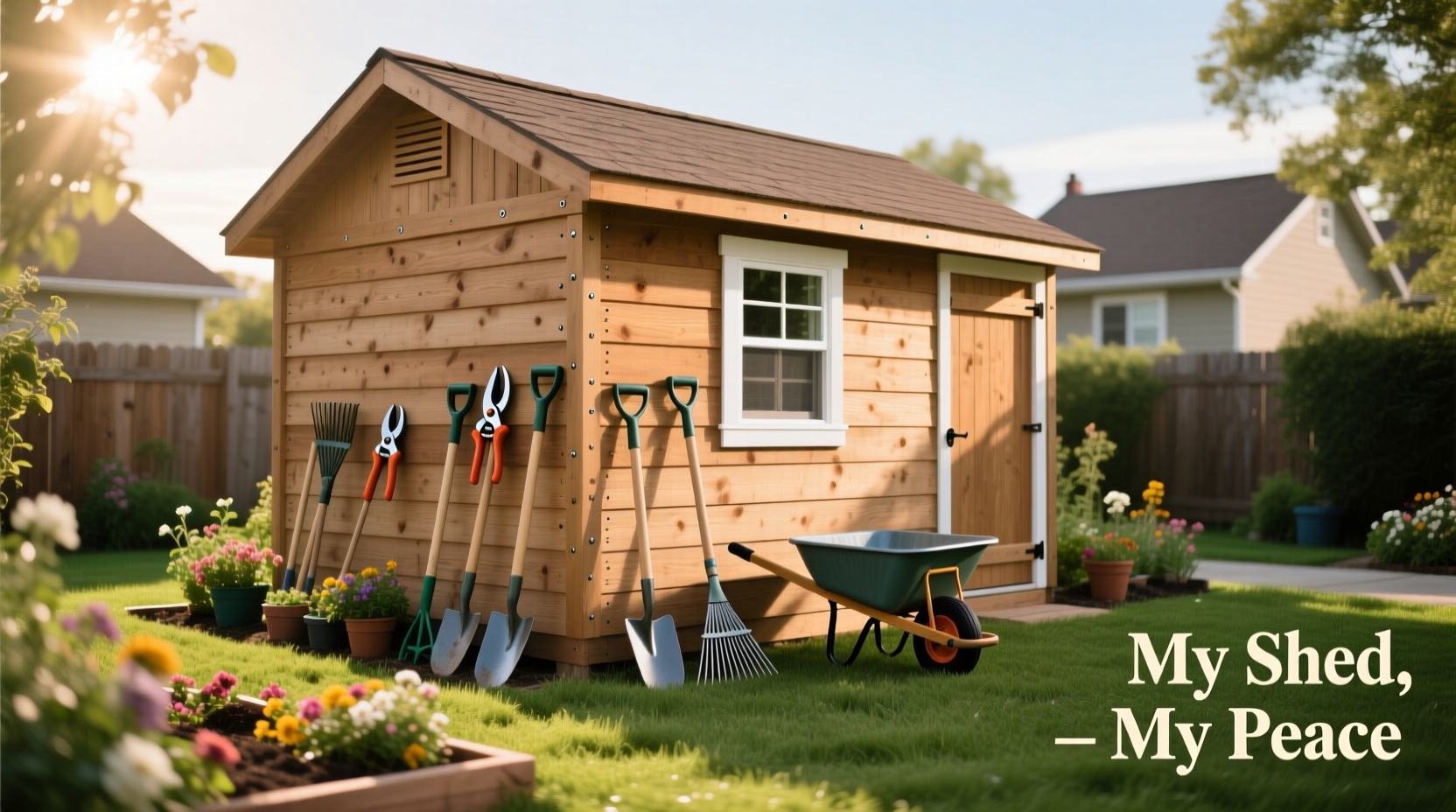 Completed DIY shed kit in backyard with garden tools