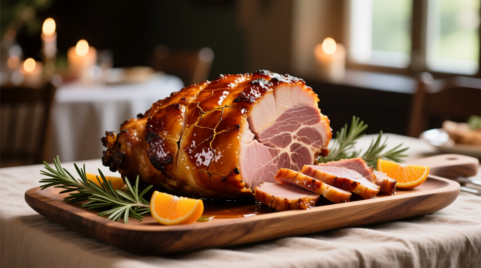 Perfectly roasted honey glazed ham on serving platter