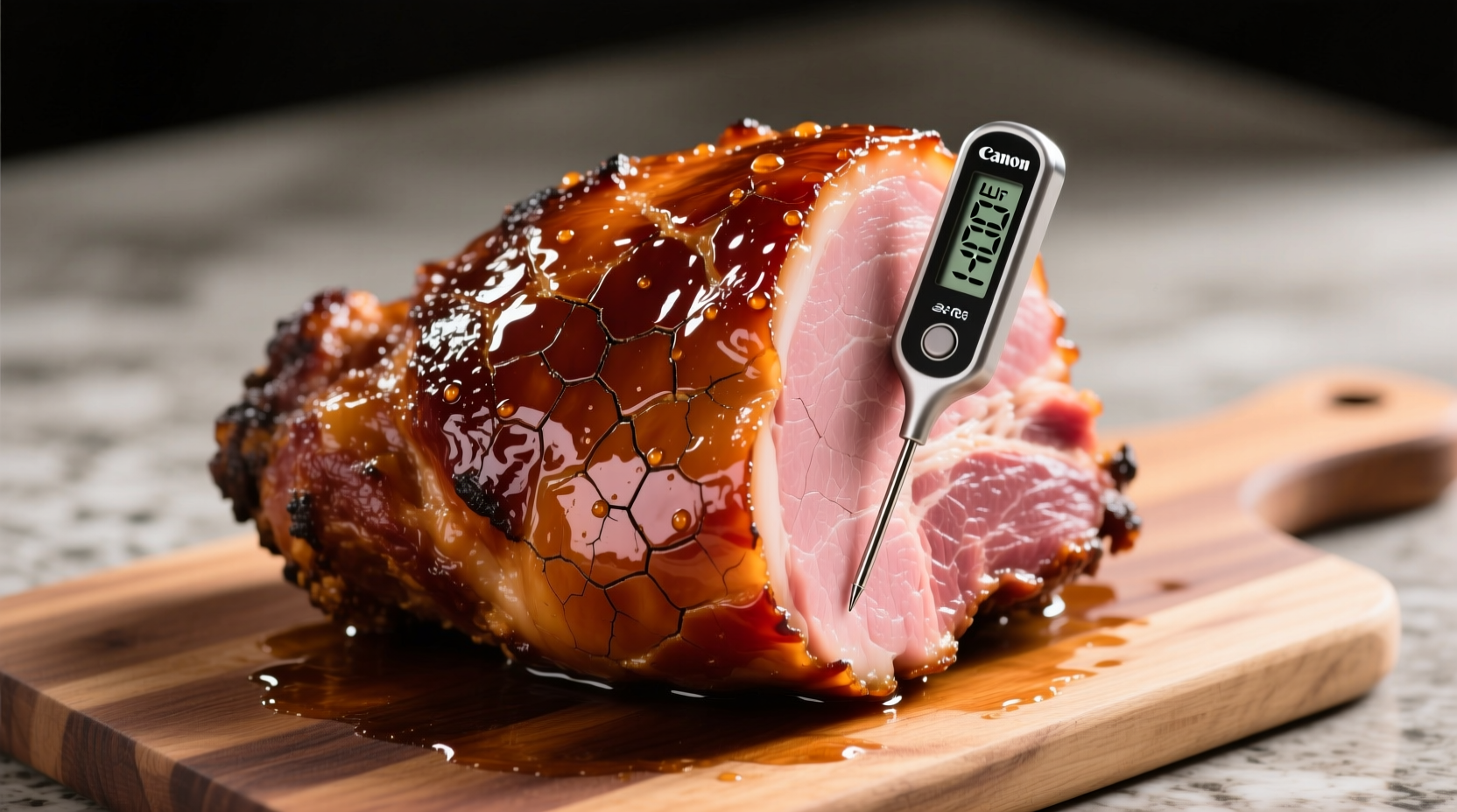 Glazed baked ham with digital meat thermometer inserted, clearly displaying 140 degrees Fahrenheit on the screen
