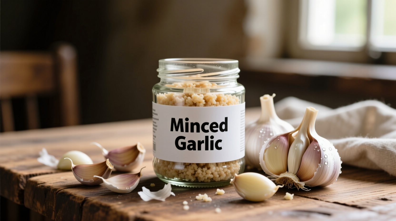 Aldi minced garlic jar next to fresh garlic cloves