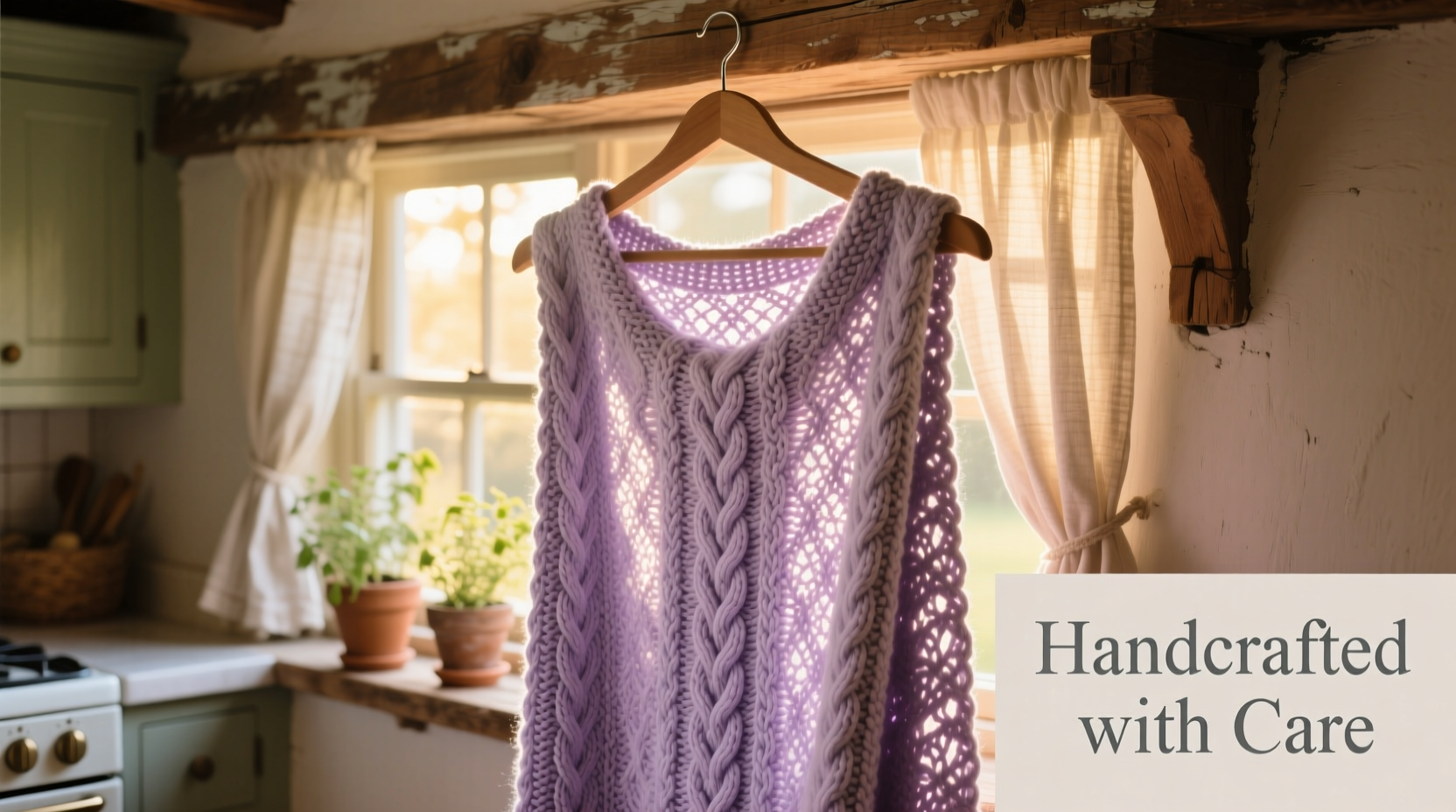 Handmade knitted blanket drying vertically on padded hanger with lavender