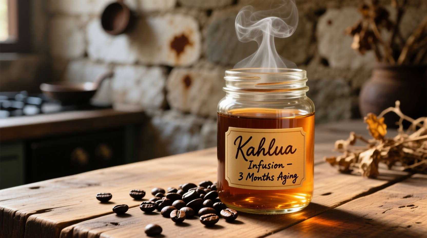 Homemade Kahlua aging in glass jar with coffee beans