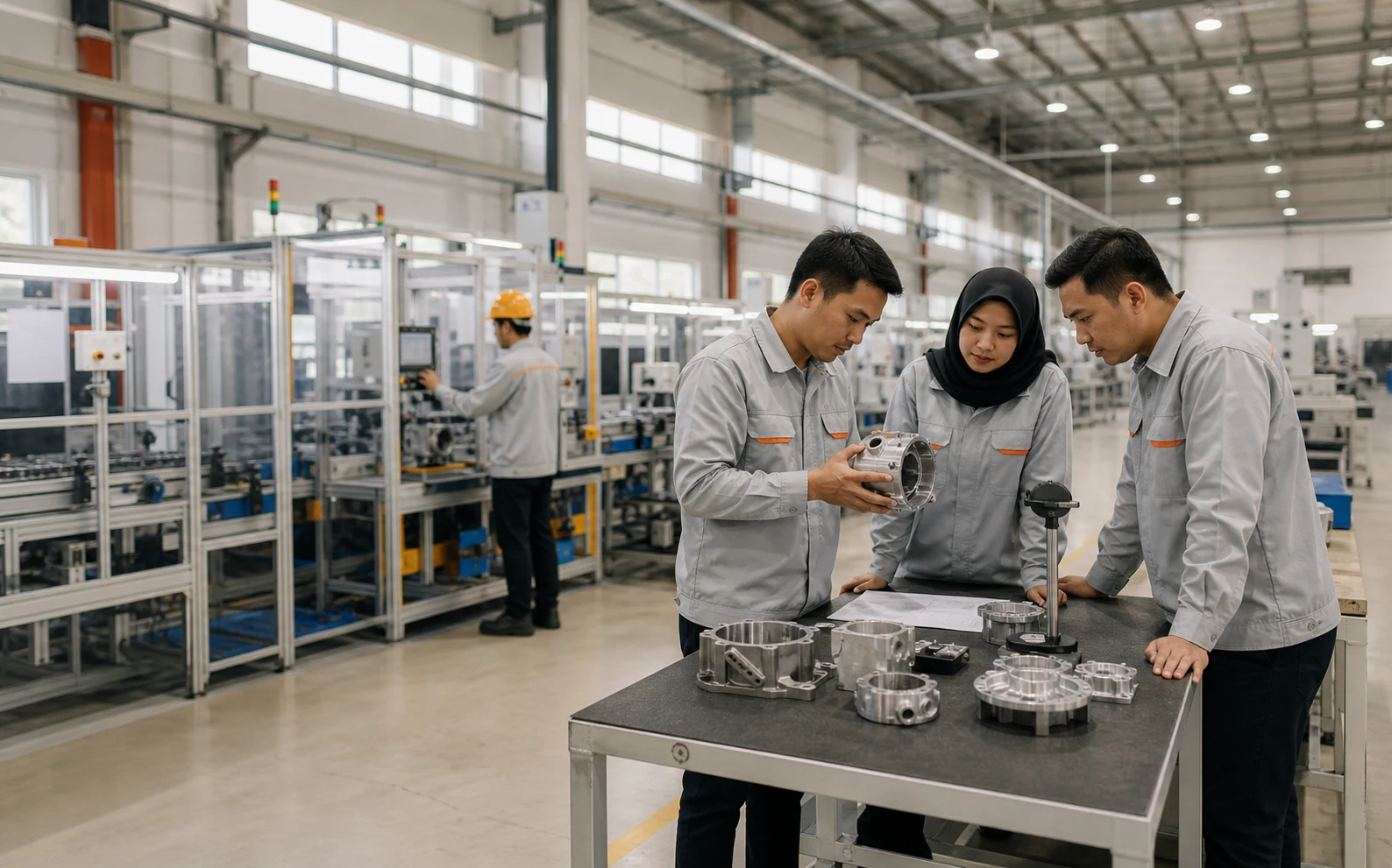 Illustrative modern factory team inspecting precision components on a production floor