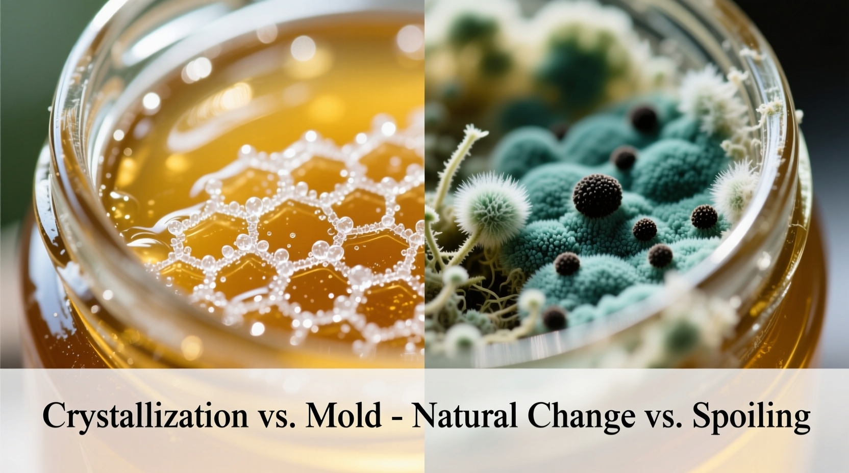 Close-up of honey jar showing crystallization versus mold growth