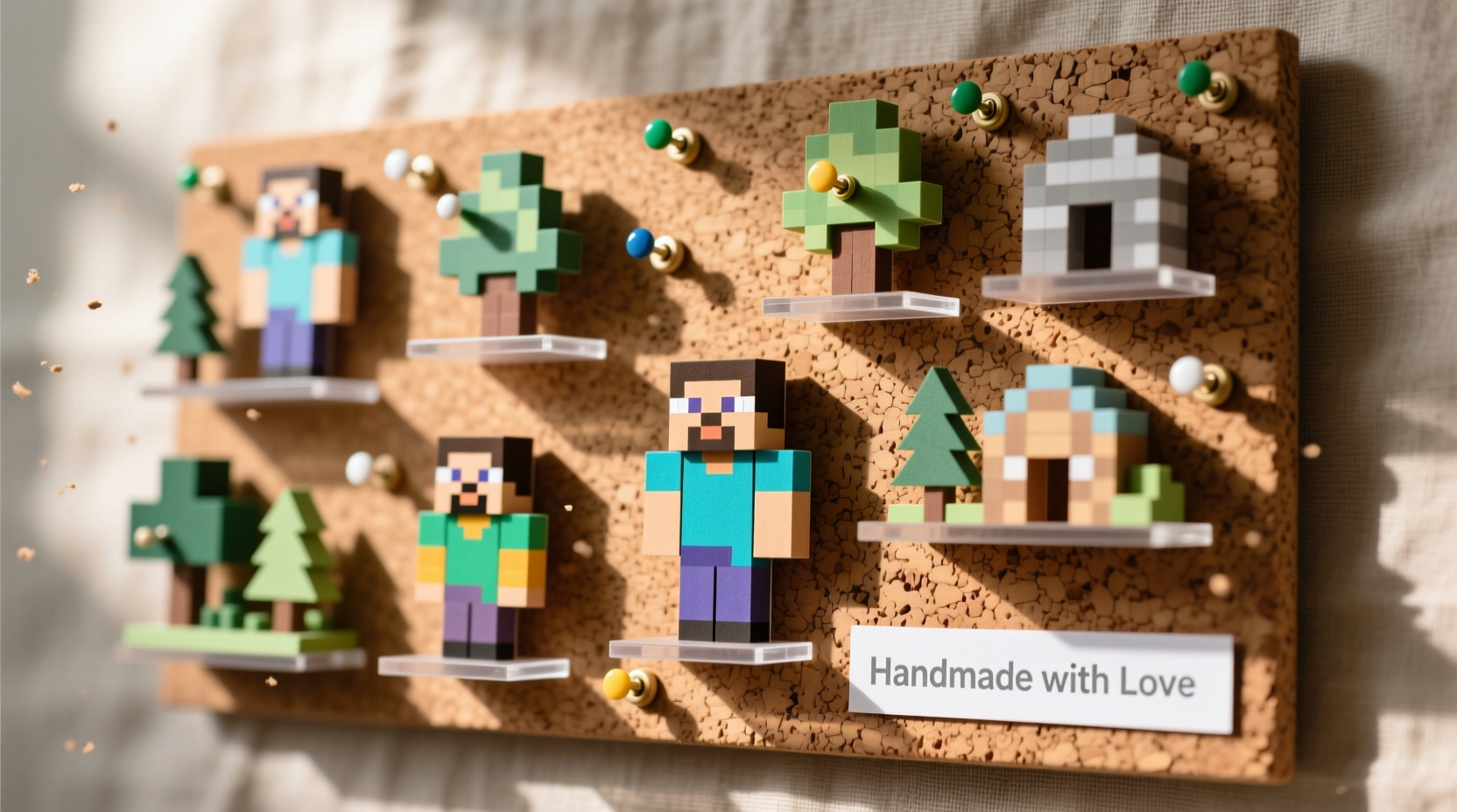 Finished paper Minecraft crafts displayed on eco-friendly cork base