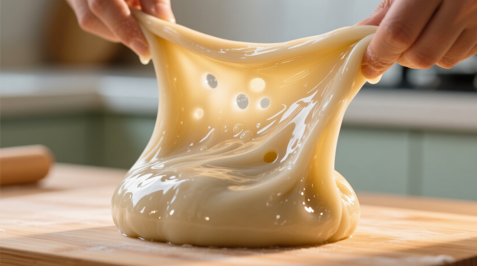 Glossy mochi dough being stretched during kneading process