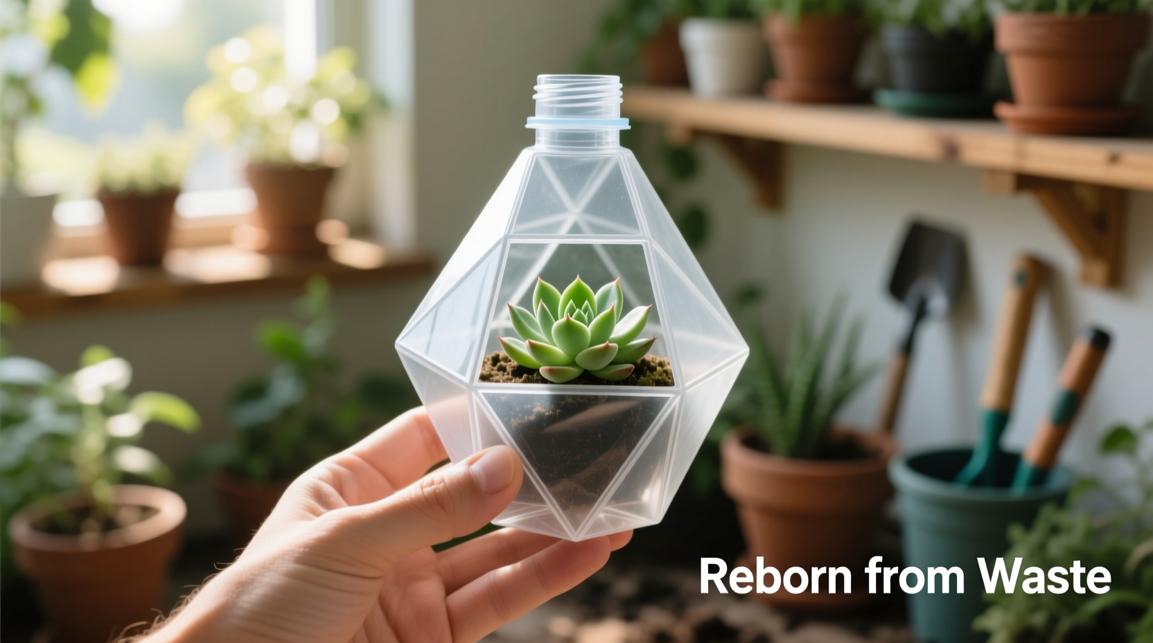 Hand holding recycled plastic bottle transformed into geometric planter
