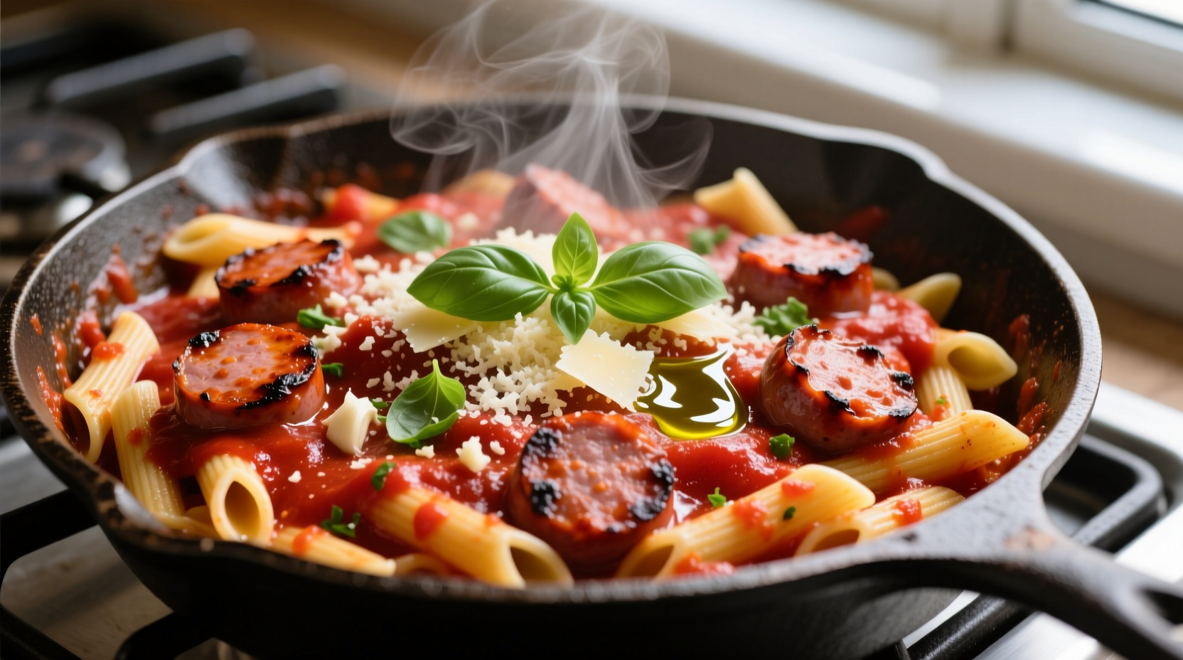 One-pan pasta with tomato sauce and sausage