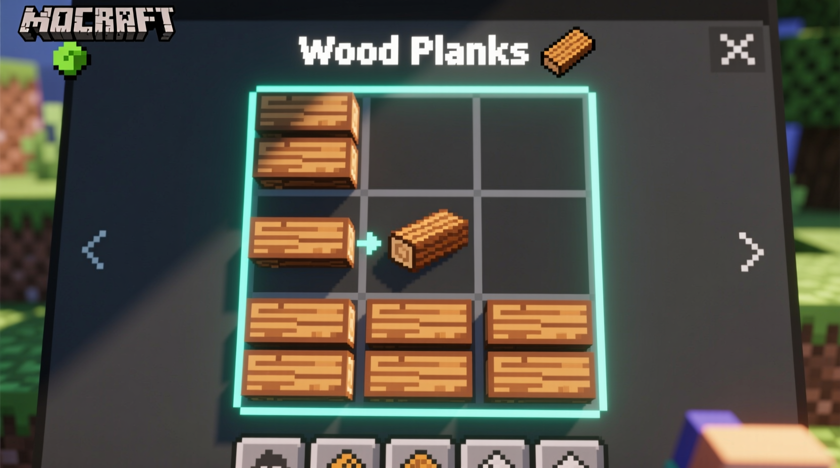 Minecraft crafting grid interface showing wood planks recipe