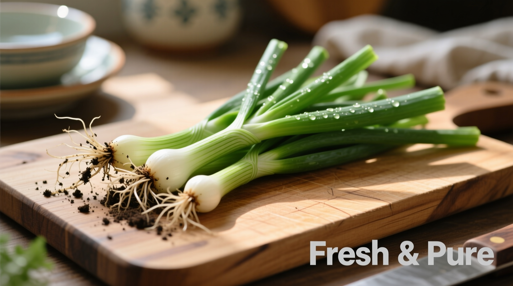 Fresh green onions with roots still attached on cutting board