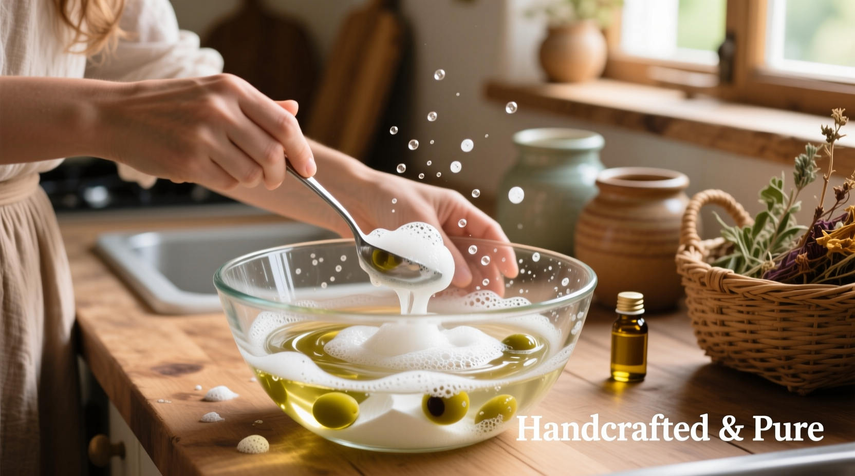 Hand mixing homemade detergent in glass bowl