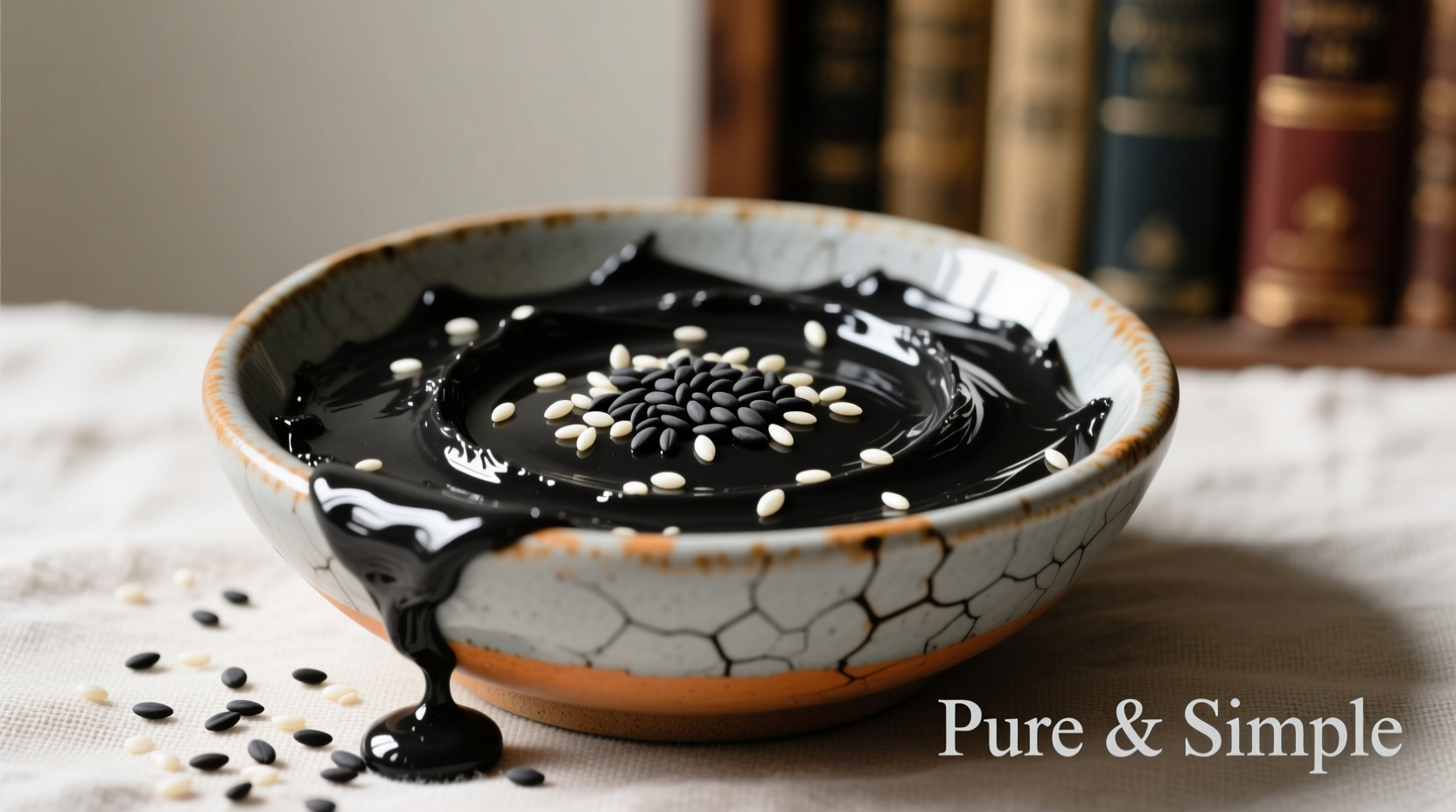 Black sesame butter in ceramic bowl with seeds