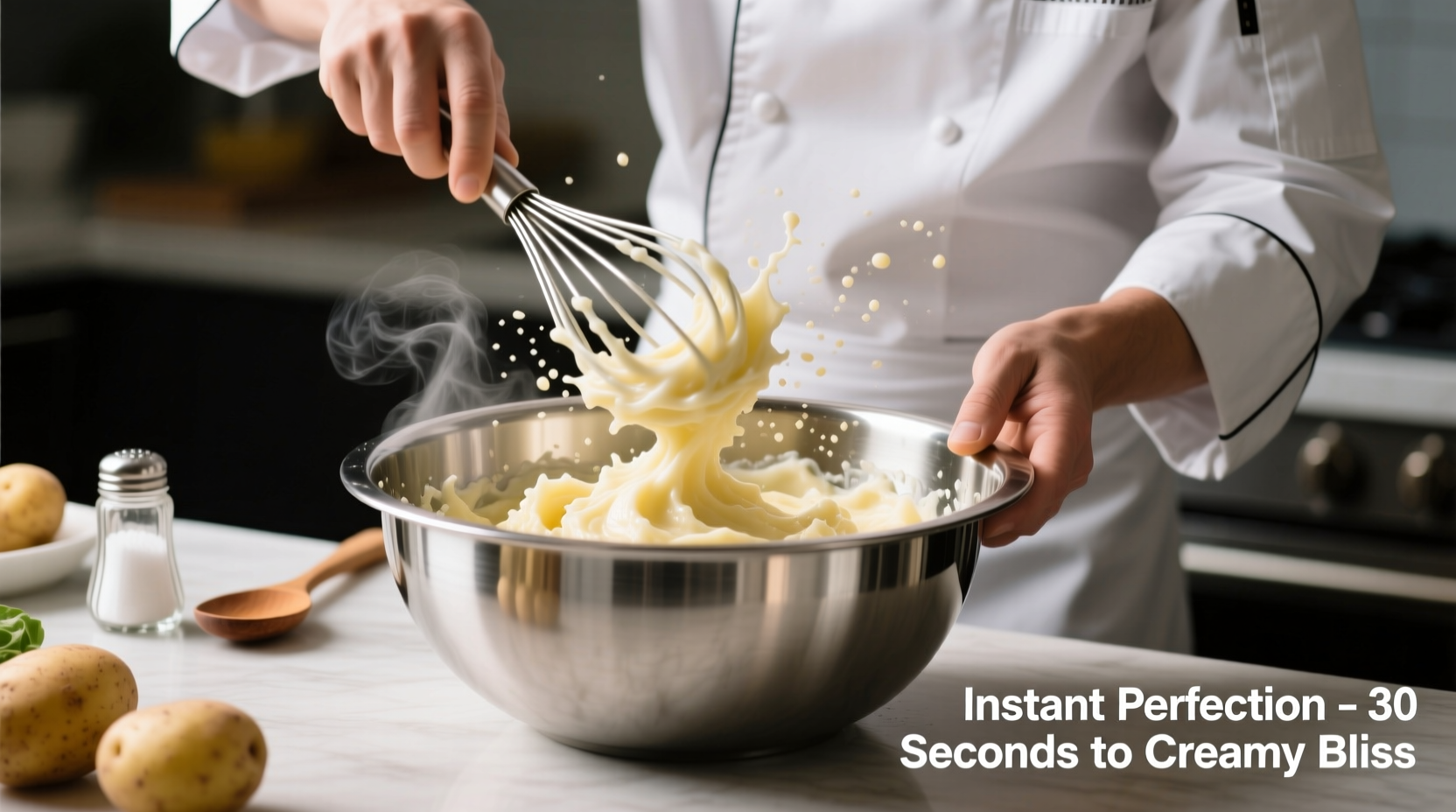 Chef whisking instant mashed potatoes in stainless steel bowl