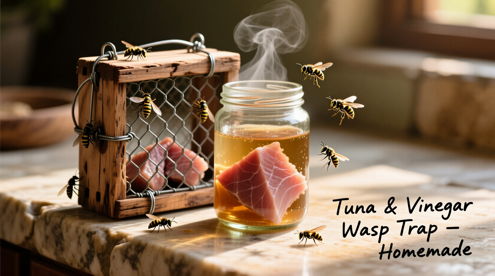 Meat-based wasp trap with tuna and vinegar