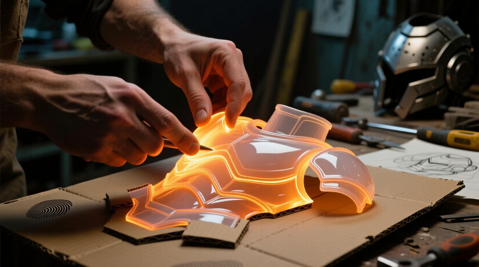 Hands shaping heated plastic over cardboard armor template
