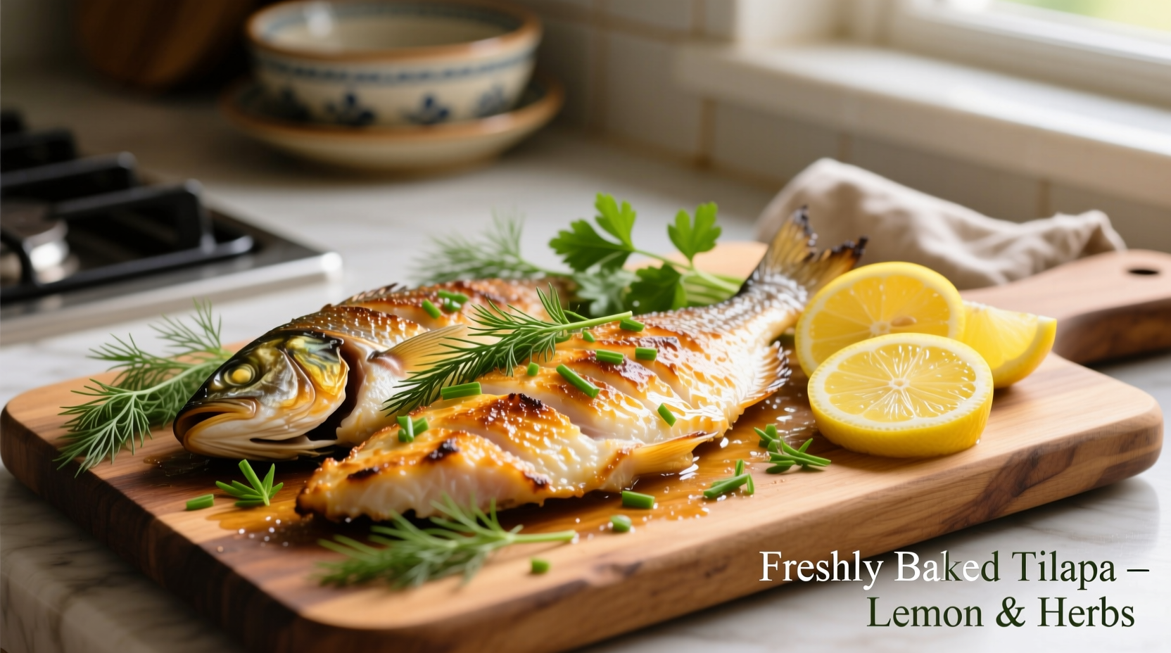 Oven-baked tilapia fillets with lemon slices and fresh herbs