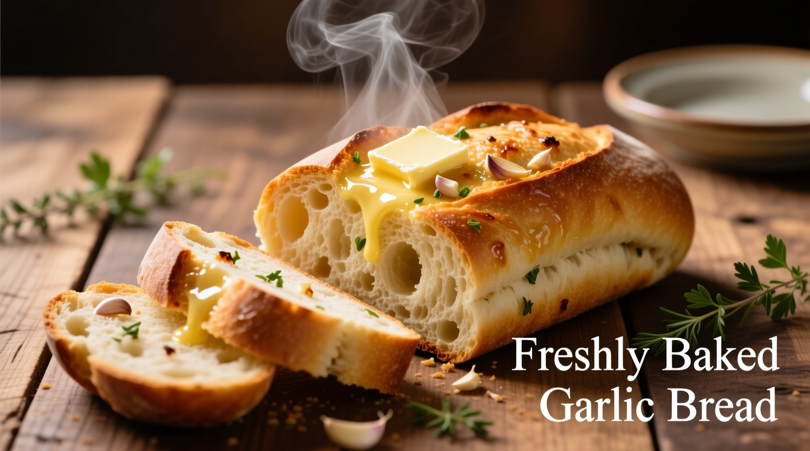 Freshly baked garlic bread with melted butter