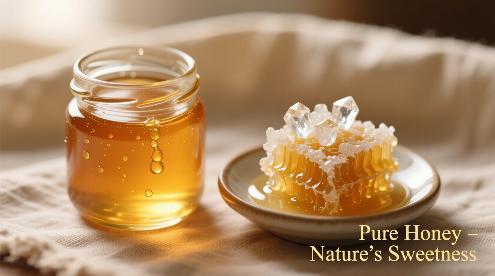 Honey jar with liquid honey next to crystallized honey sample
