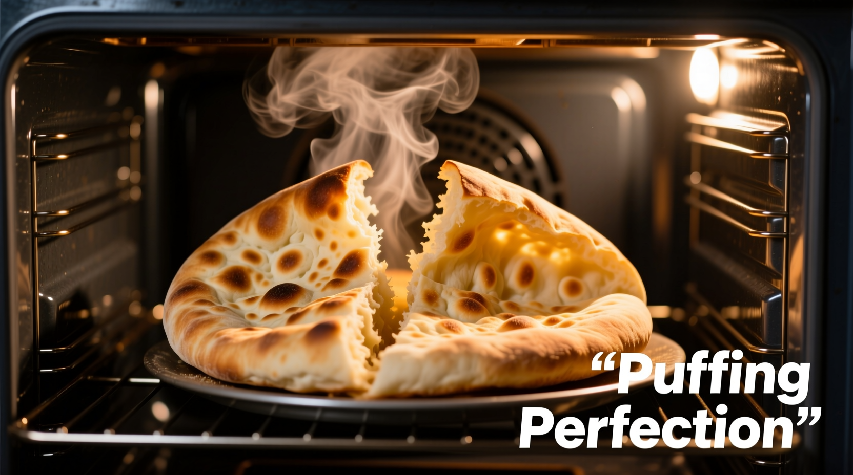 Pita bread puffing dramatically inside preheated oven