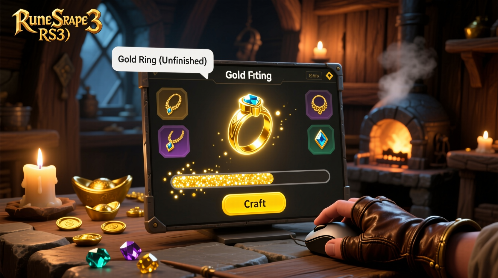 RS3 Crafting interface showing gold jewelry making