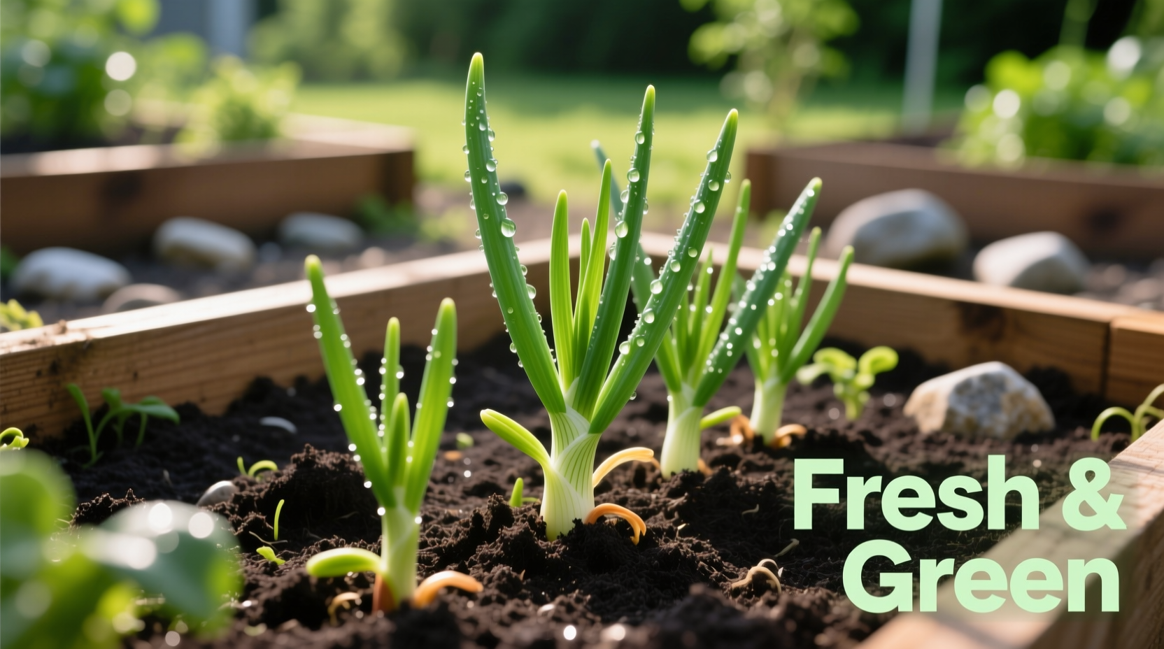 Healthy onion seedlings in garden bed
