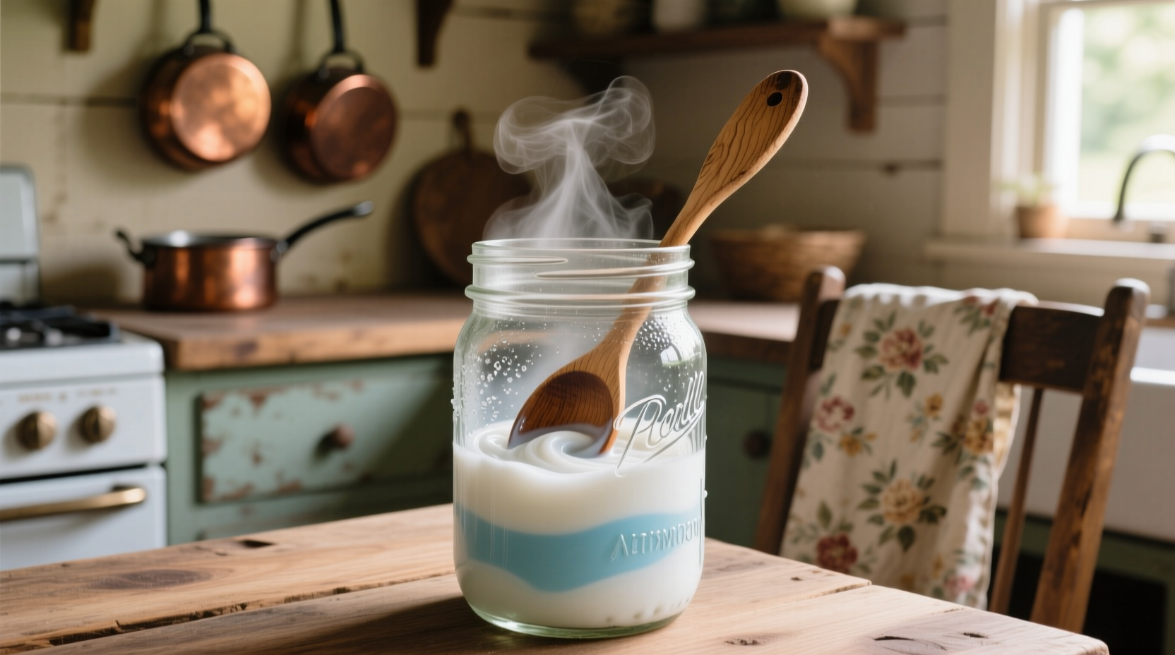 Mixing homemade laundry detergent in mason jar with wooden spoon