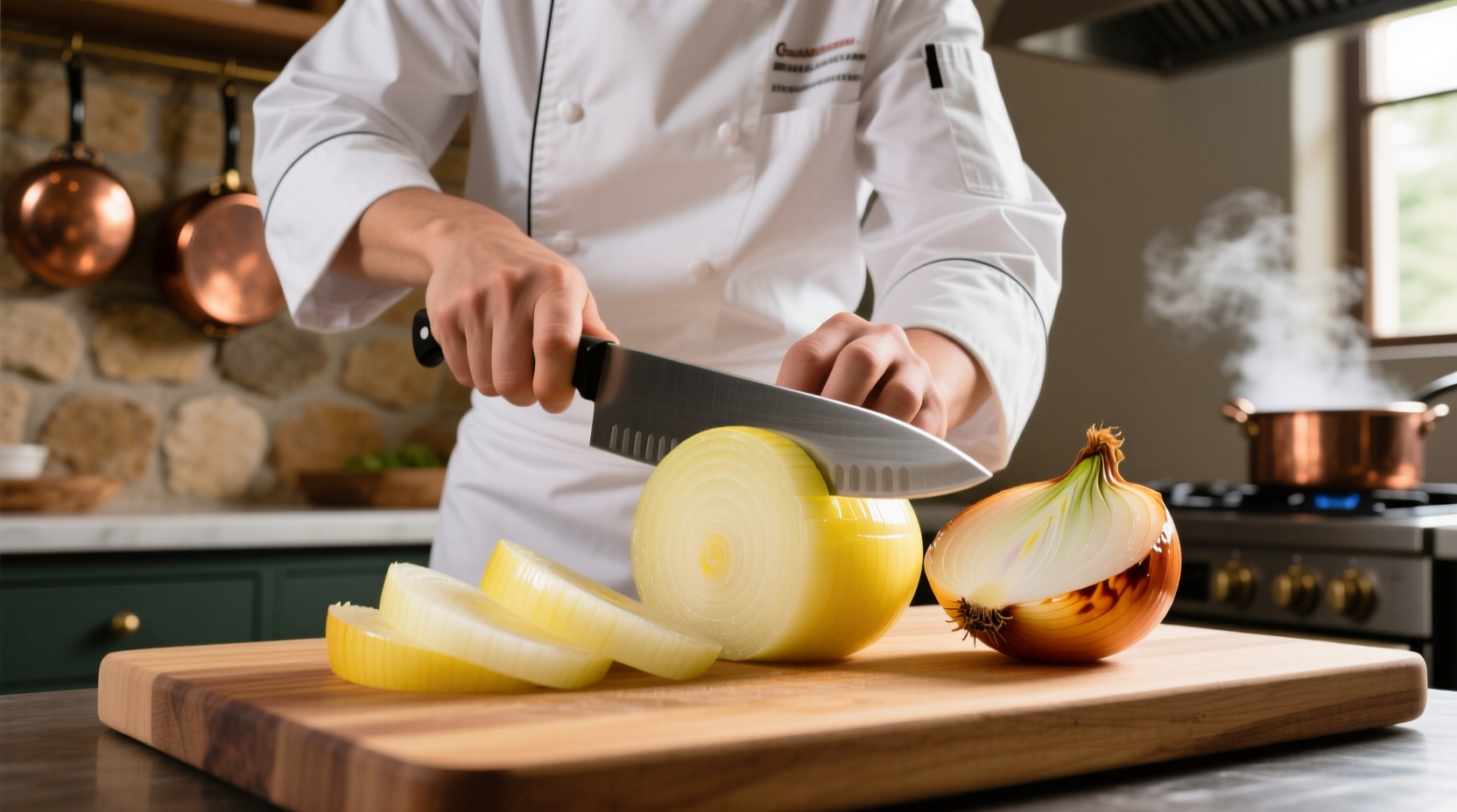Chef slicing yellow and sweet onions side by side