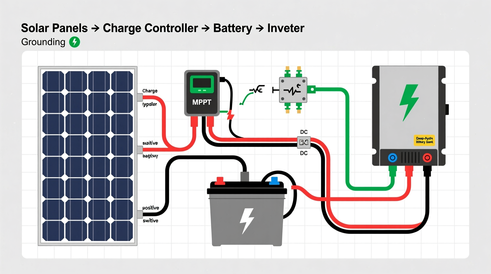 Wiring diagram showing correct solar component connections for DIY