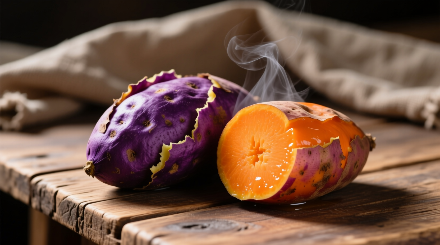 Boiled purple and orange sweet potatoes side by side